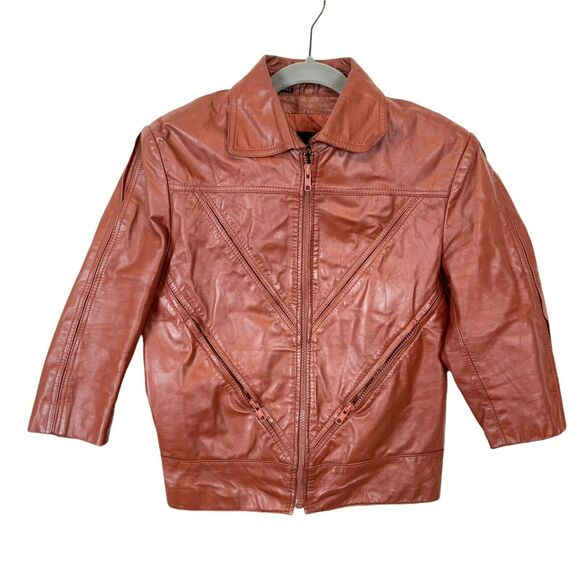 70s Hipster Leather Jacket Vintage Wilsons Womens Brown Genuine 3/4 Sleeve SZ 36 - Picture 1 of 15